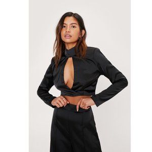Black Satin Shoulder Pad Cut Out Crop Top SZ M